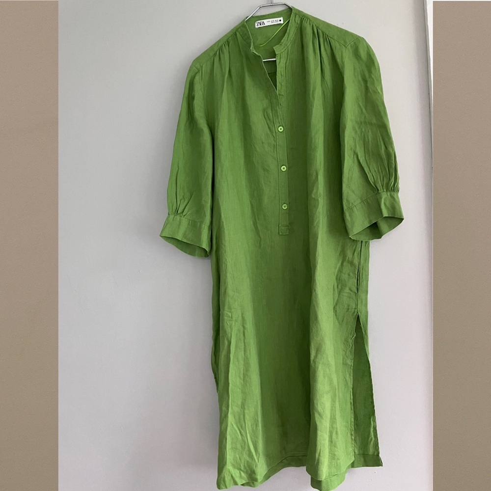 ZARA Apple Green Linen Shirt Dress Size Medium